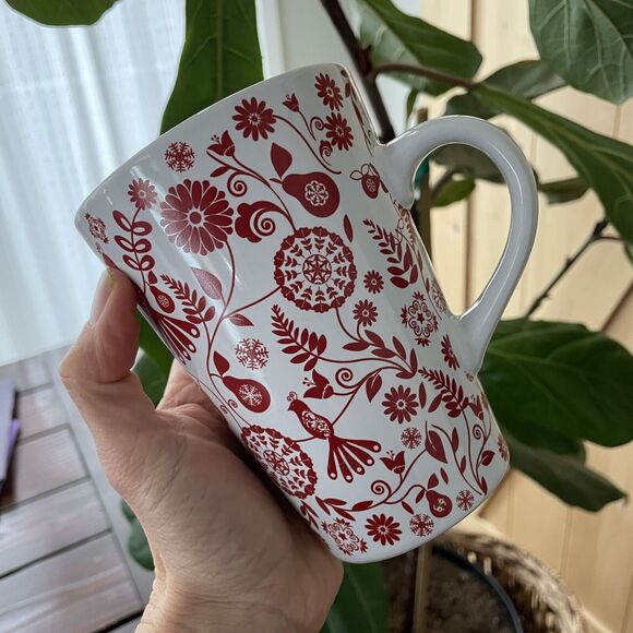 World Market Ceramic White Coffee Mug Tea Cup Red Floral Birds Pears - Picture 4 of 5